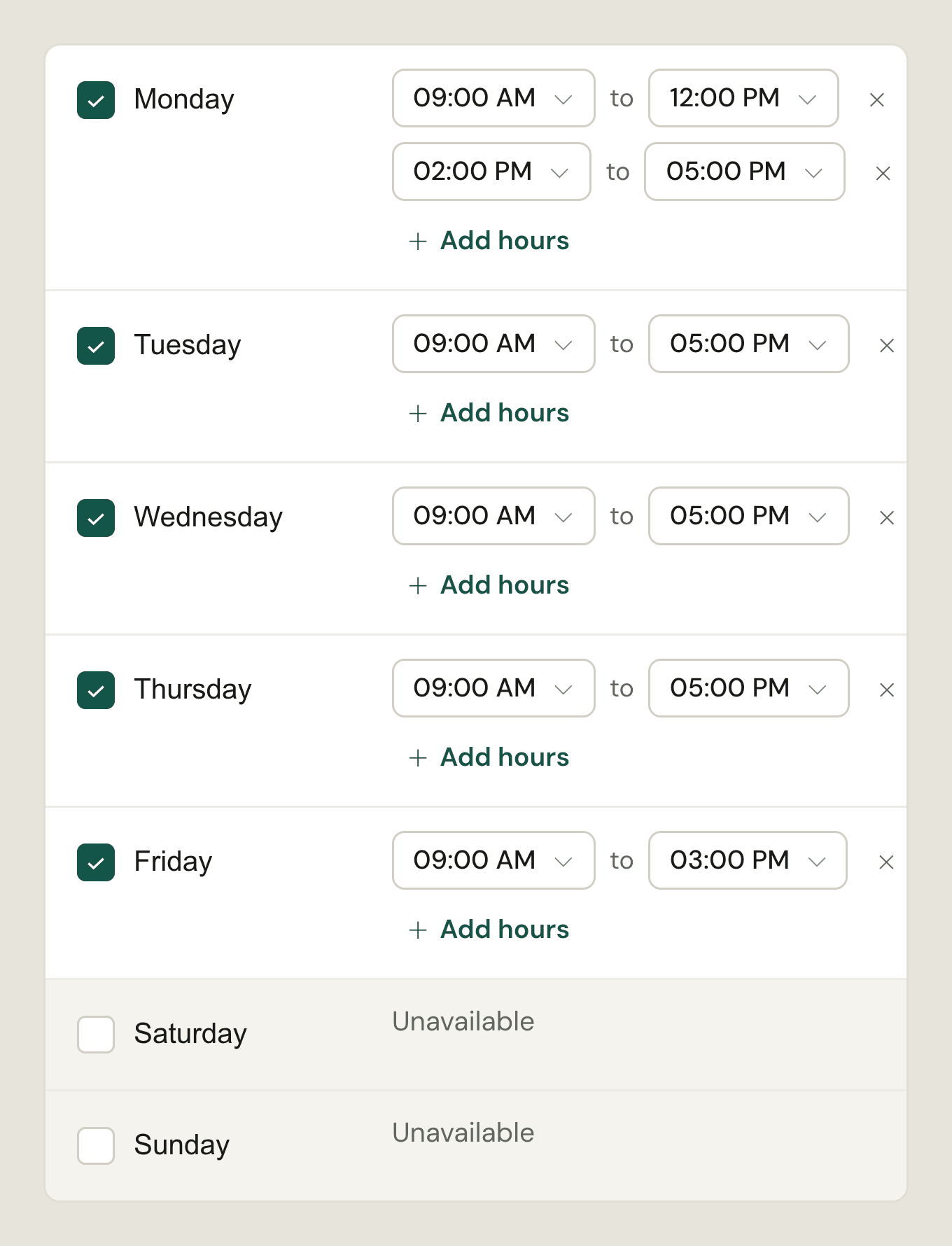 Availability: seven day rows with time ranges