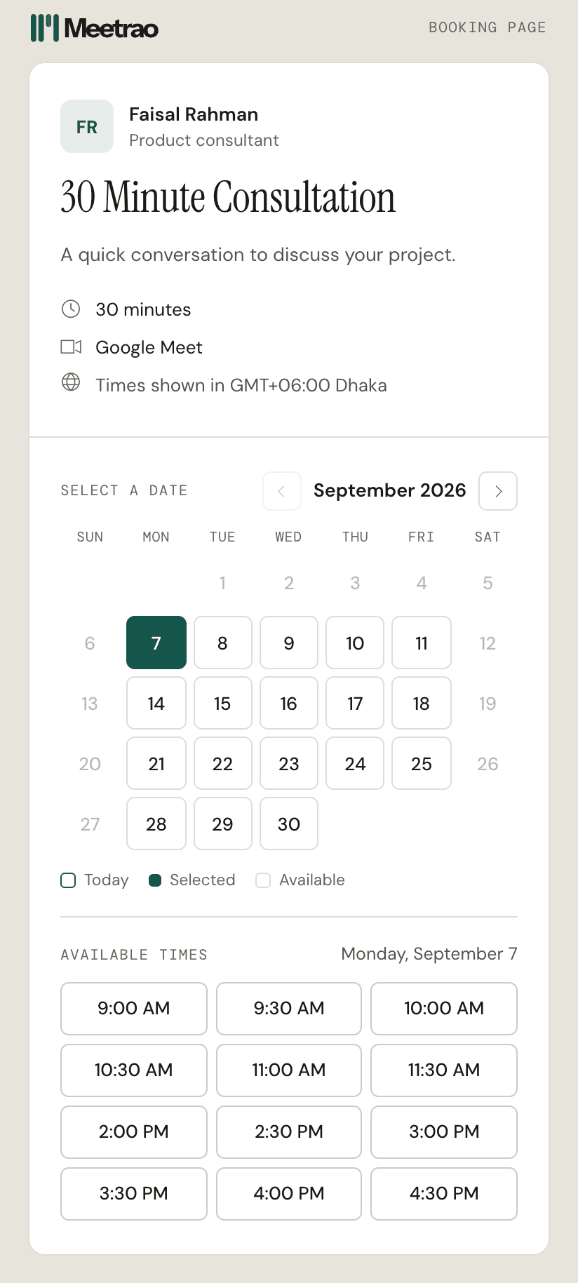 The Meetrao booking page: pick a date, then a time