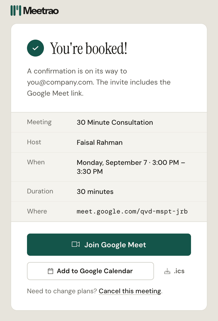 Booking confirmed, with the meeting details and a Join Google Meet button