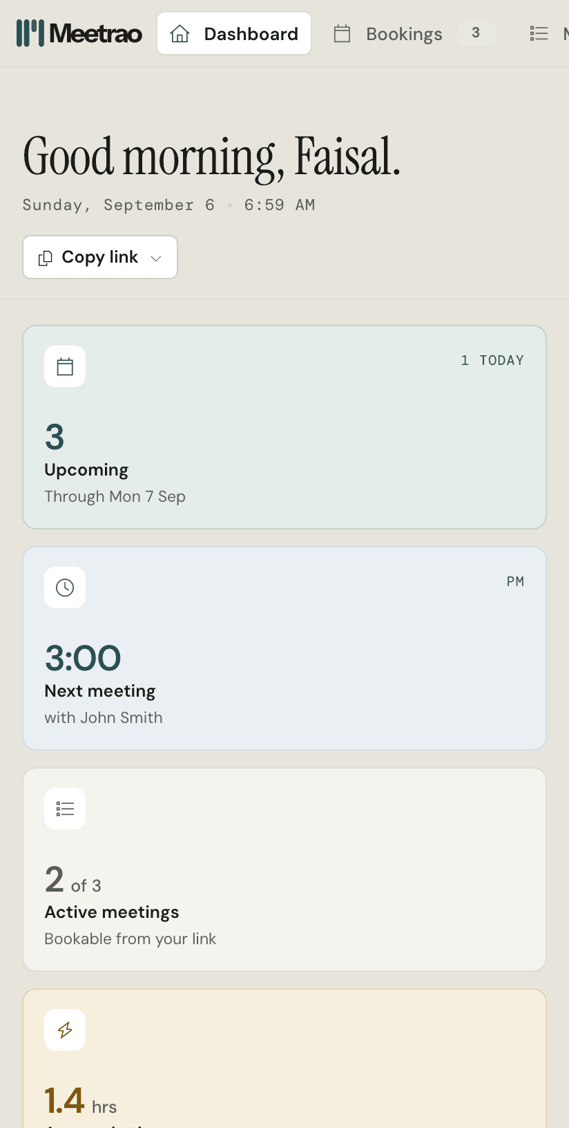 Meetrao dashboard showing today and later this week