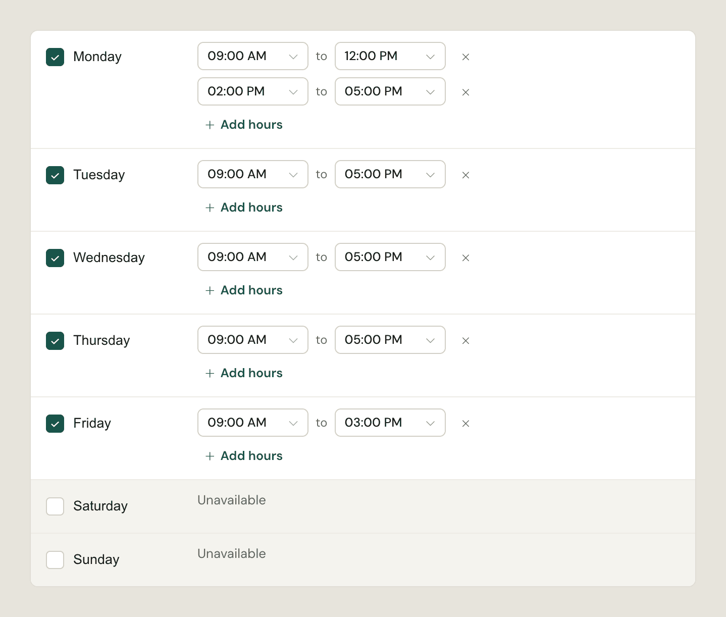 Availability: seven day rows with time ranges