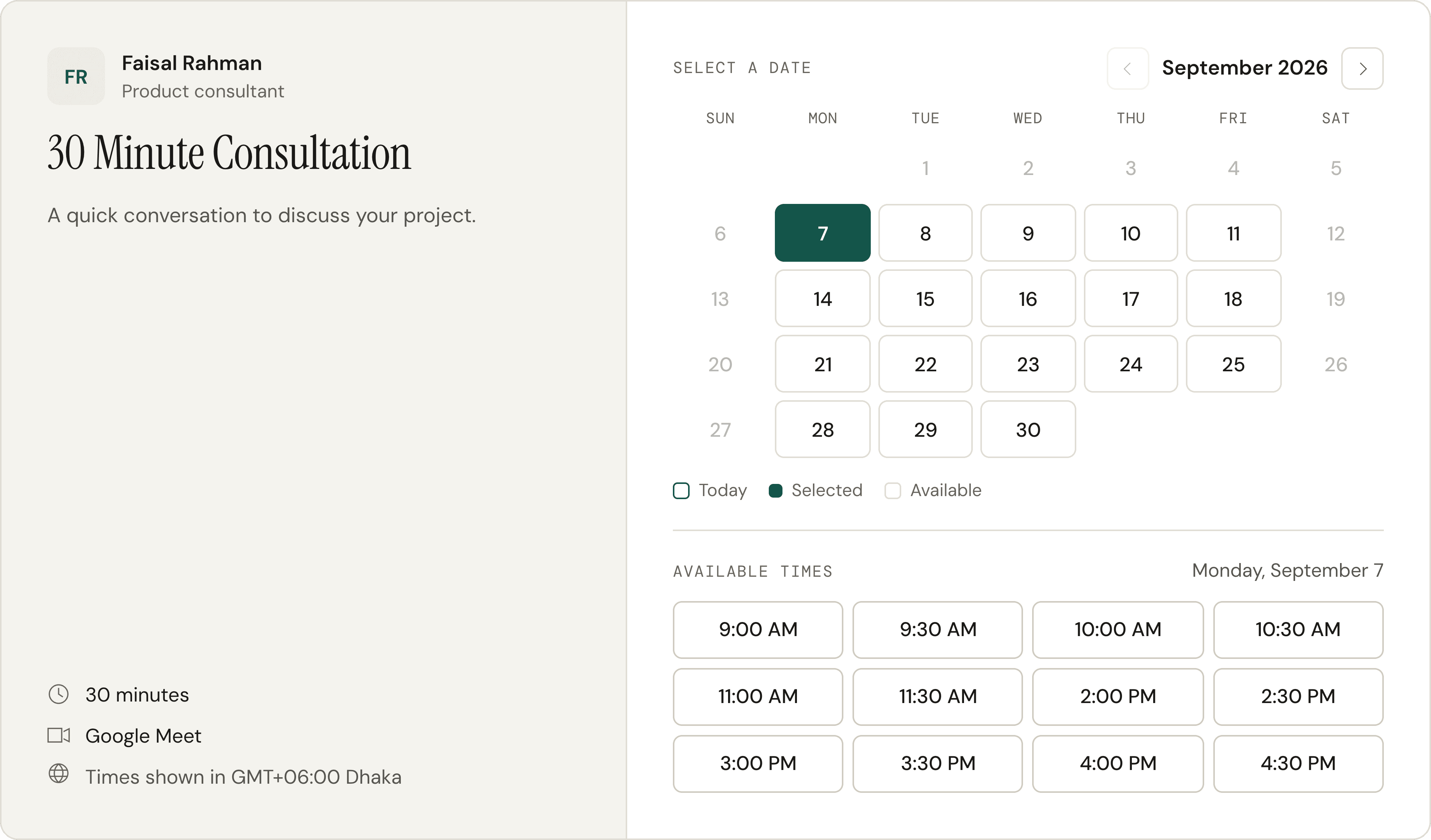 The Meetrao booking page: pick a date, then a time