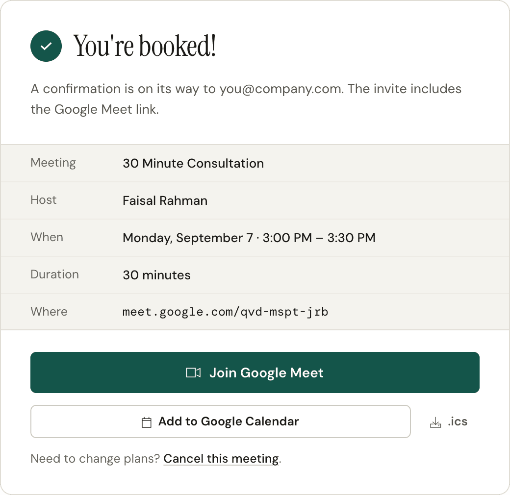 Booking confirmed, with the meeting details and a Join Google Meet button