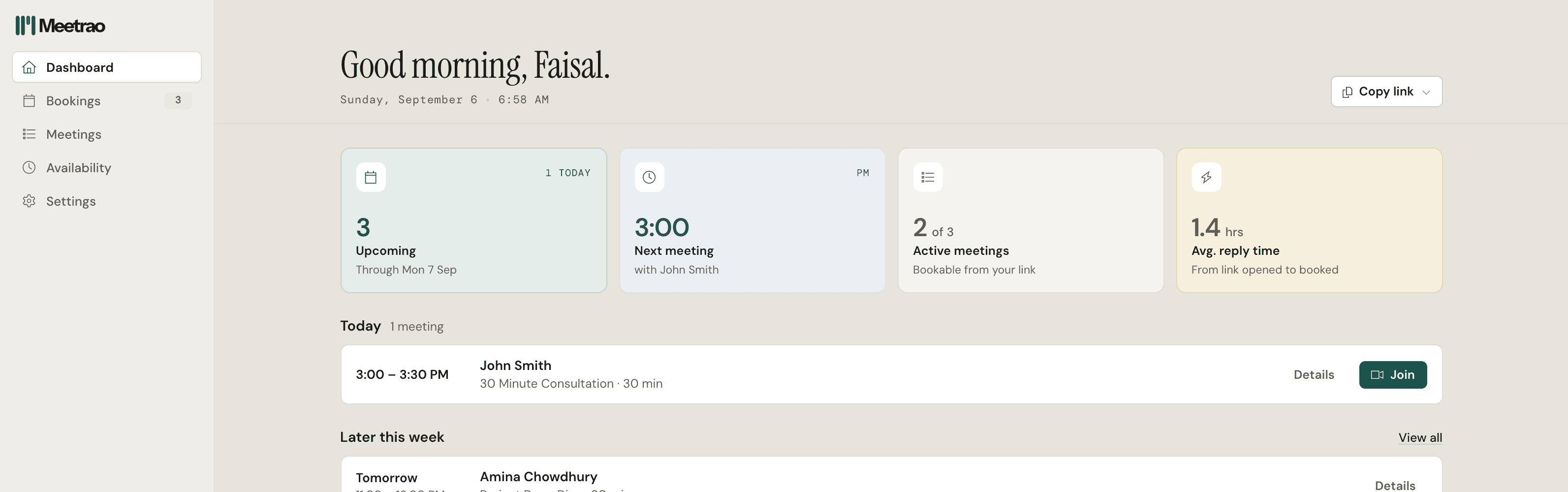 Meetrao dashboard showing today and later this week